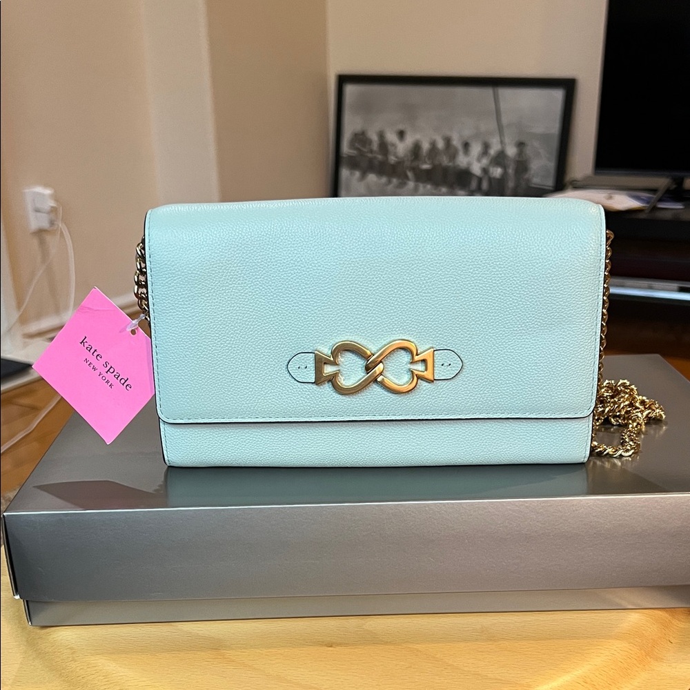 Kate Spade light blue clutch on chain with Gold Accents. NWT
